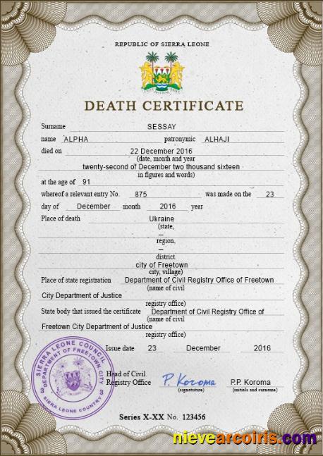 Sierra Leone vital record death certificate